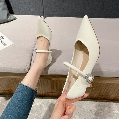法式温柔纯色单鞋2024夏季新款一字带水钻浅口职业鞋不累脚高跟鞋图片