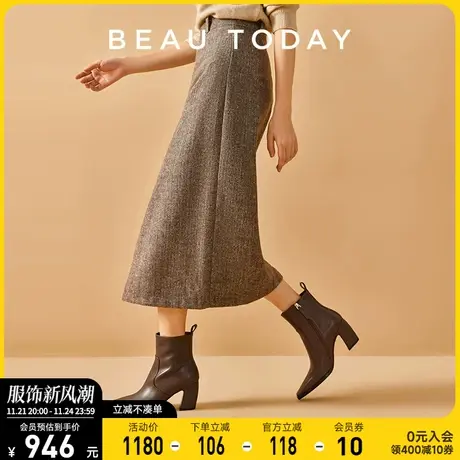 BeauToday小短靴女春秋单靴2024新款瘦瘦靴BT黑色皮靴女烟筒靴女图片