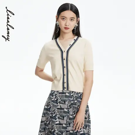 LANCY/朗姿撞色针织开衫T恤女薄款袖设计感商场同款奥莱图片