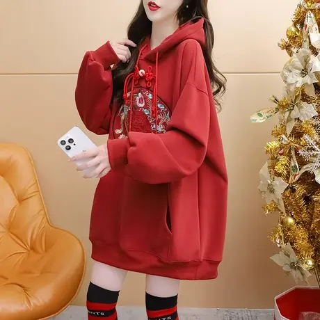 加绒加厚连帽卫衣女2024年新款春季爆款宽松设计感国潮风上衣外套图片