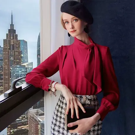 粉红大布娃娃上衣打底女2022新款气质飘带衬衫小众长袖女衬衣复古商品大图