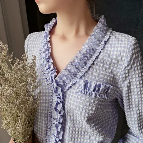 【直播】蓝色衬衫百搭长袖ins设计感港味上衣商品大图