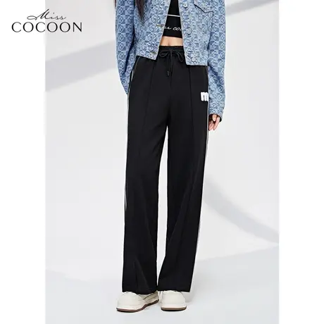 missCOCOON黑色运动卫裤女2023新款春季高腰简约百搭垂感直筒裤子商品大图