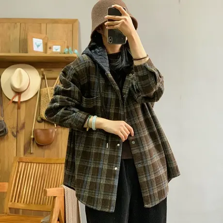 dza 复古加厚拼接格子连帽外套女士冬季新款宽松休闲加绒口袋上衣商品大图