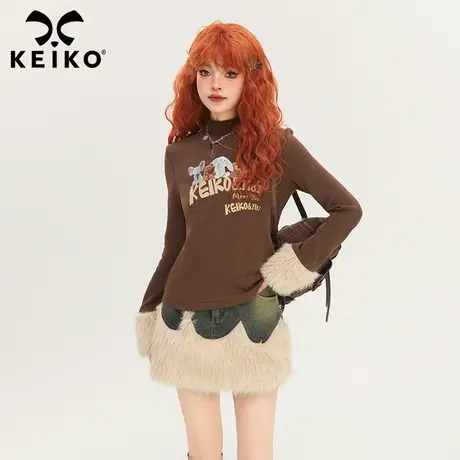 KEIKO 毛毛袖半高领打底衫t恤24早春卡通印花宽松休闲精梳棉上衣图片