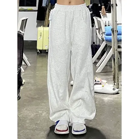 白灰色休闲阔腿裤女秋冬季宽松高腰加厚加绒保暖运动拖地长裤潮图片
