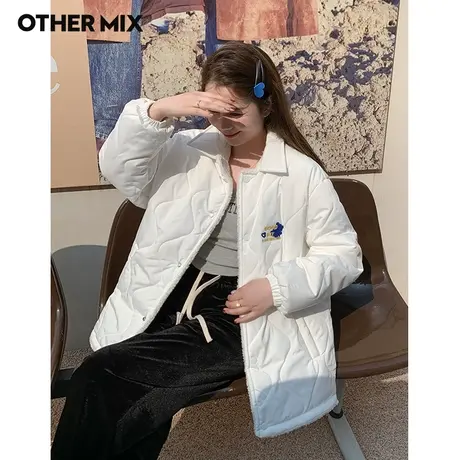 Othermix正反两面穿加绒棉衣女2022冬新款韩版中长款翻领棉服外套图片
