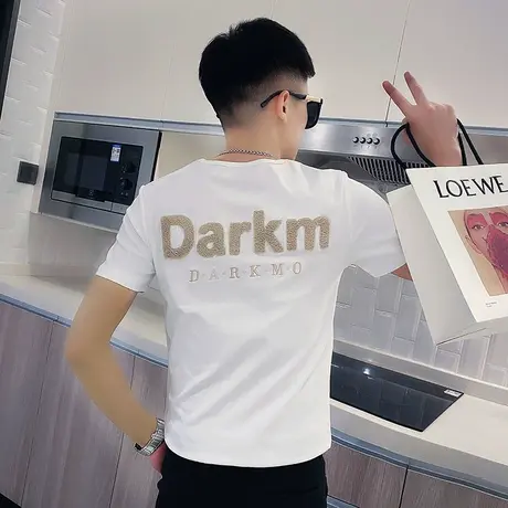 夏季男士字母t恤短袖修身刺绣半袖紧身潮流圆领时尚休闲潮牌体恤商品大图