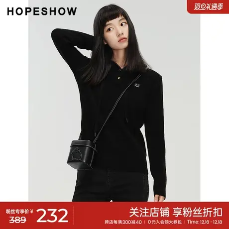 红袖冬季2022新款女装 撞色笑脸贴标连帽套头针织衫89122370106图片