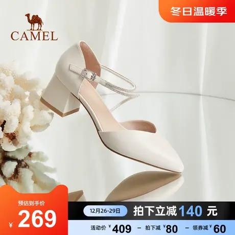 骆驼女鞋2023夏季新款真皮包头玛丽珍一字扣带高跟鞋女粗跟凉鞋图片