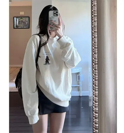 2024春季新款美式复古刺绣熊白色卫衣女春秋薄款宽松百搭套头上衣商品大图