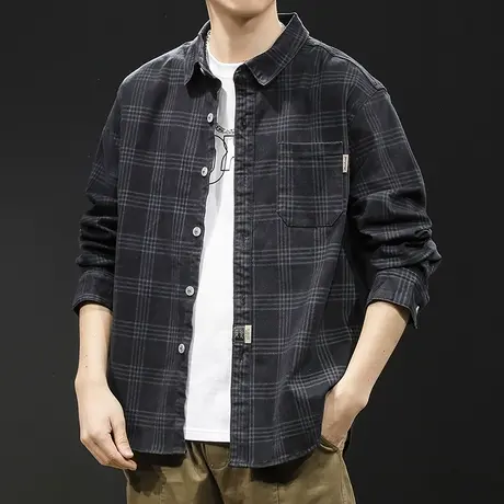 春季2024新款格子衬衫男长袖春秋款男装大码男士衬衣外套加厚休闲商品大图