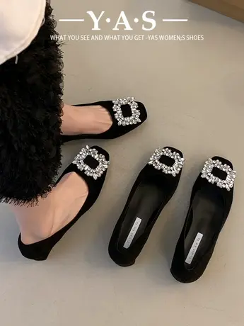 方头浅口单鞋女平底2024年新款春新鞋子法式气质水钻法式黑色单鞋商品大图