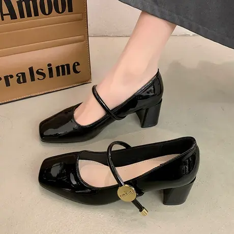 法式粗跟玛丽珍鞋女2024春秋新款复古英伦风小皮鞋一字扣浅口单鞋商品大图