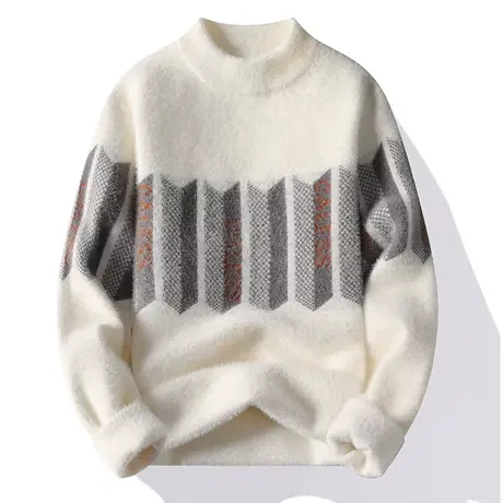 冬季毛衣男士半高领针织打底衫提花条纹加厚潮流保暖加绒线衣服my商品大图