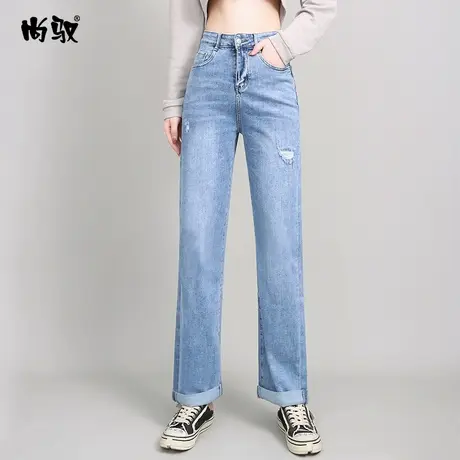 牛仔裤女春2024年新款韩版宽松百搭时尚高腰破洞直筒拖地牛仔裤女商品大图
