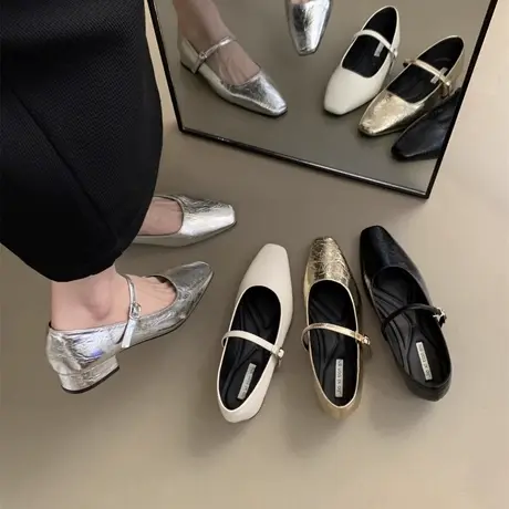 银色低跟法式玛丽珍单鞋女鞋子春秋2024新款春季配裙子温柔晚晚鞋商品大图