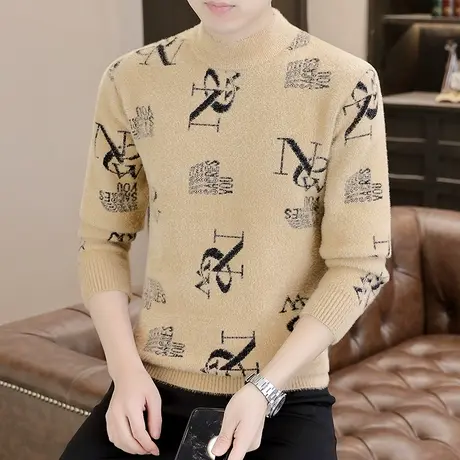 一体绒毛衣男秋冬季水貂绒加厚款保暖线衣潮流潮牌针织衫外套男装商品大图