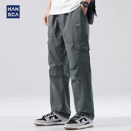 hansca宽松直筒休闲裤男春季新款美式工装复古潮牌褶皱百搭长裤子图片