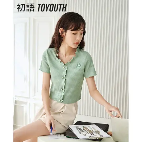 TOYOUTH初语短款T恤女2023年夏季新款V领木耳边修身显瘦提花小衫商品大图