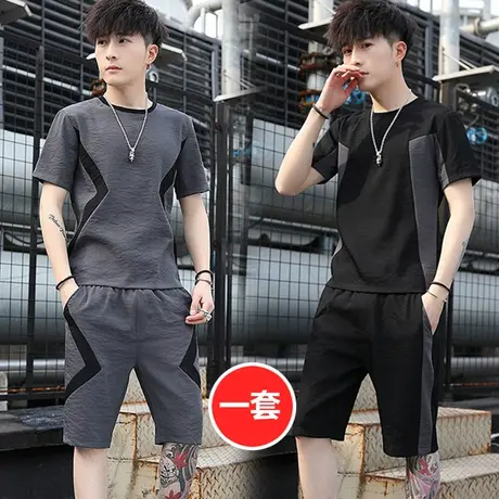 夏季男士短袖T恤冰丝潮流衣服夏天男装一套搭配帅气休闲亚麻套装商品大图