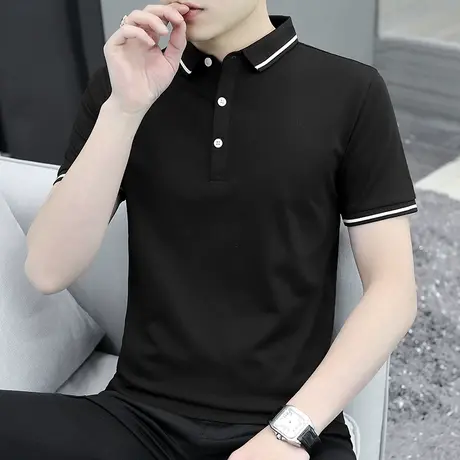夏季冰丝polo衫男士短袖有领翻领t恤潮牌保罗上衣服纯色黑色半袖商品大图