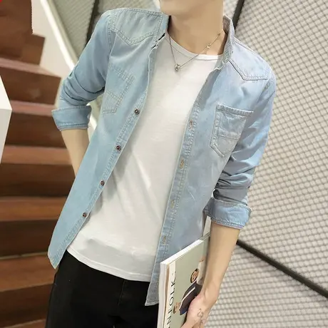 2023秋季新款牛仔衬衫男长袖修身韩版衬衣男帅气外套时尚潮流衣服商品大图