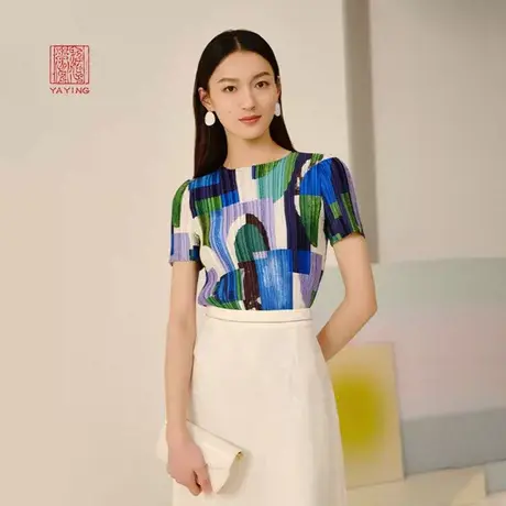 EP雅莹高端系列 修身弹力压褶短袖油画衬衫 2023新款2319A图片