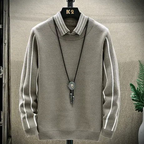 男士假两件毛衣2023春秋冬季新款衬衫领针织打底上衣服外套潮男装商品大图