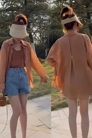 设计感后背纽扣polo领薄款长袖衬衫女2023夏季新款宽松纯色防晒衣图片