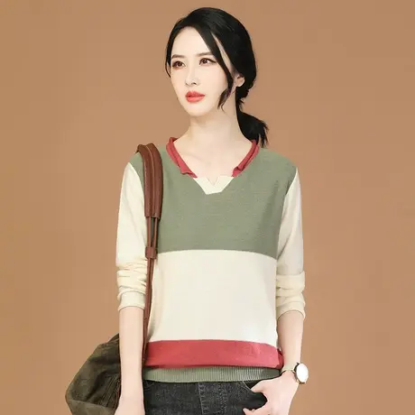 韩潮袭人文艺V领撞色条纹套头针织衫女2023秋装新款薄款毛衣上衣商品大图