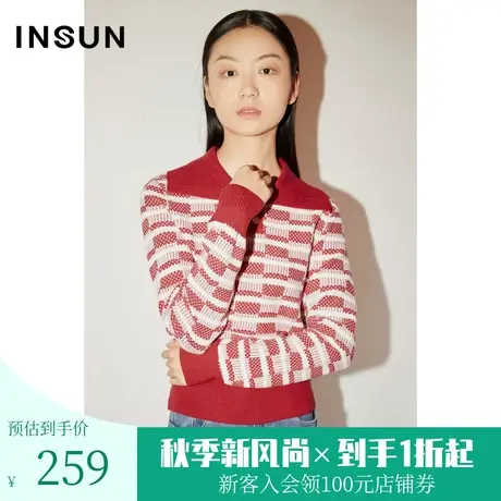 恩裳COVER春秋新款时尚红白经典配色格纹设计感宽松舒适针织衫图片