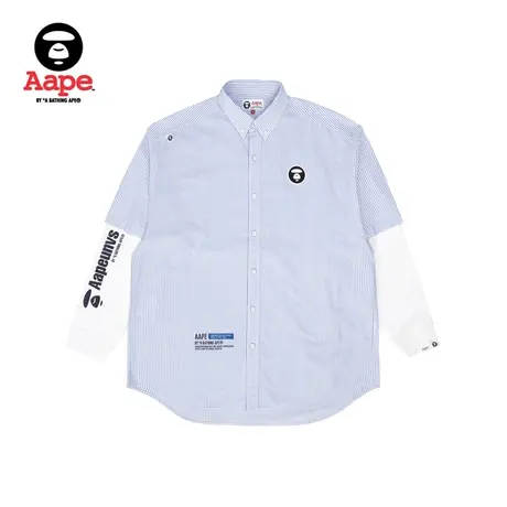 Aape旗舰店男装秋冬猿颜徽章字母印花拼接条纹长袖衬衫8412XAJ商品大图