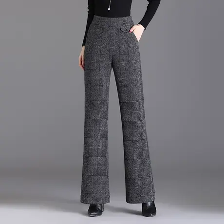 灰色格纹毛呢长裤子女秋季2023新款高腰通勤垂感直筒喇叭裤休闲裤商品大图