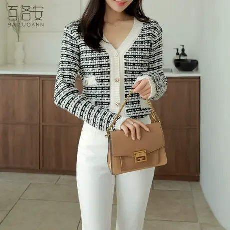 百洛安法式V领撞色针织开衫女秋百搭短款小香风上衣外搭毛衣外套商品大图