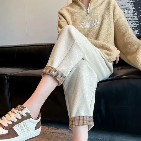 毛呢九分运动哈伦裤女2023秋冬新款老爹裤子高腰萝卜裤女休闲卫裤商品大图