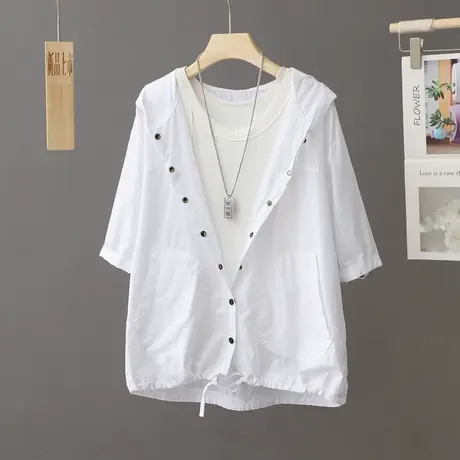 夏季薄款透气白色短款连帽外套女防晒衣韩版宽松休闲防晒衫长袖潮图片