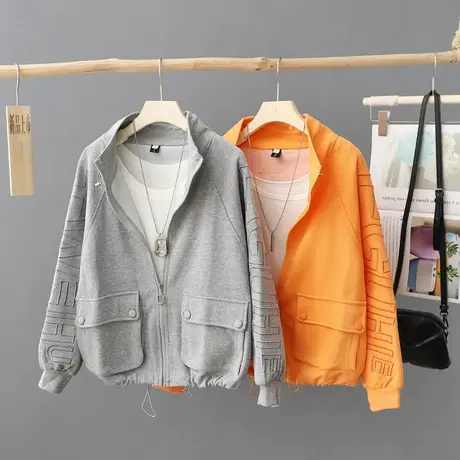 韩版小众潮ins刺绣字母外套上衣女宽松休闲卫衣洋气运动服夹克衫图片