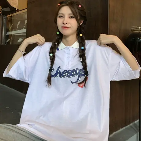 日系polo衫短袖t恤女2021新款夏季宽松韩版设计感小众上衣服ins潮商品大图