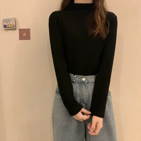 半高领德绒修身打底衫长袖t恤女2021秋冬洋气保暖内搭加绒上衣服商品大图