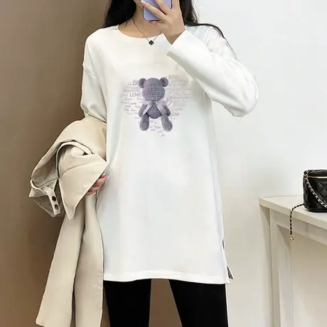 2022秋冬长袖t恤女磨毛加厚宽松慵懒风纯棉中长款下摆开叉打底衫商品大图