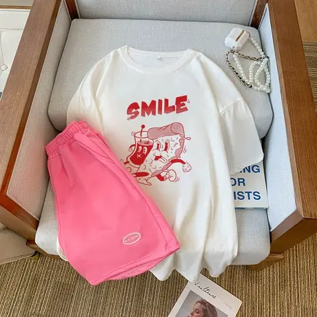纯棉大码运动服套装女夏季宽松短袖短裤小个子休闲网红炸街两件套商品大图