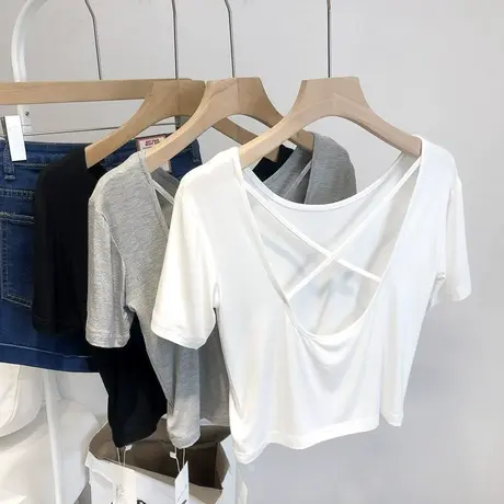 莫代尔美背交叉运动休闲短袖T恤女夏垂坠感性感露背短款瑜伽上衣商品大图