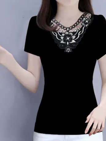 清仓夏季新款显瘦仿棉女士宽松圆领上衣T恤大码妈妈装短袖小衫t图片