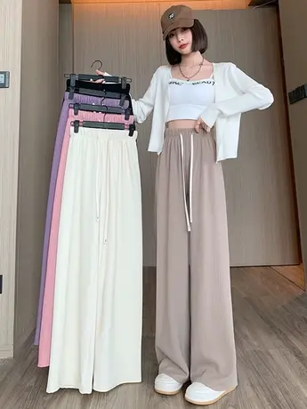 冰丝裤子女夏季2023新款松紧高腰垂感宽松直筒休闲拖地窄版阔腿裤商品大图