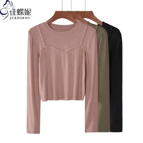 秋季新款圆领短款修身长袖T恤纯色螺纹坑条压线假两件上衣打底衫商品大图
