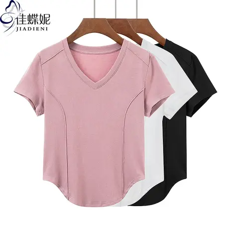 夏季新款韩版V领下摆圆弧纯欲修身纯棉纯色短袖上衣内搭女装T恤商品大图