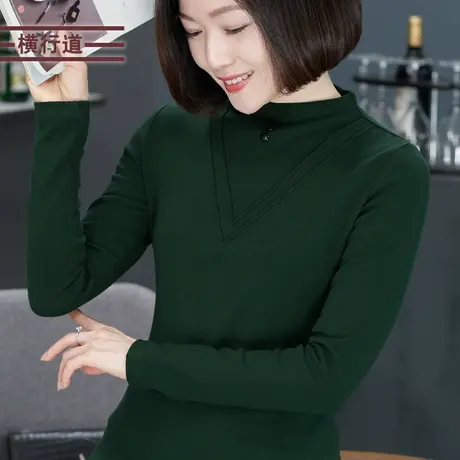 妈妈装打底衫2023纯色半高领简约长袖T恤女装黑色上衣修身冬装商品大图