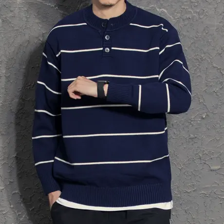 奕飏男装2021新款圆领毛衣男士秋冬季条纹打底针织衫线衣外套潮牌图片