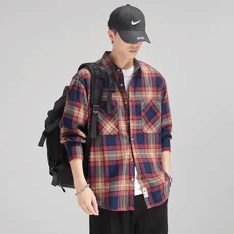 Modi Nick/摩帝尼克秋季男士日系潮牌复古格纹衬衫纯棉休闲衬衣商品大图